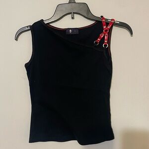 Morbid Threads goth raver tank top with asymmetrical red studded accent shoulder